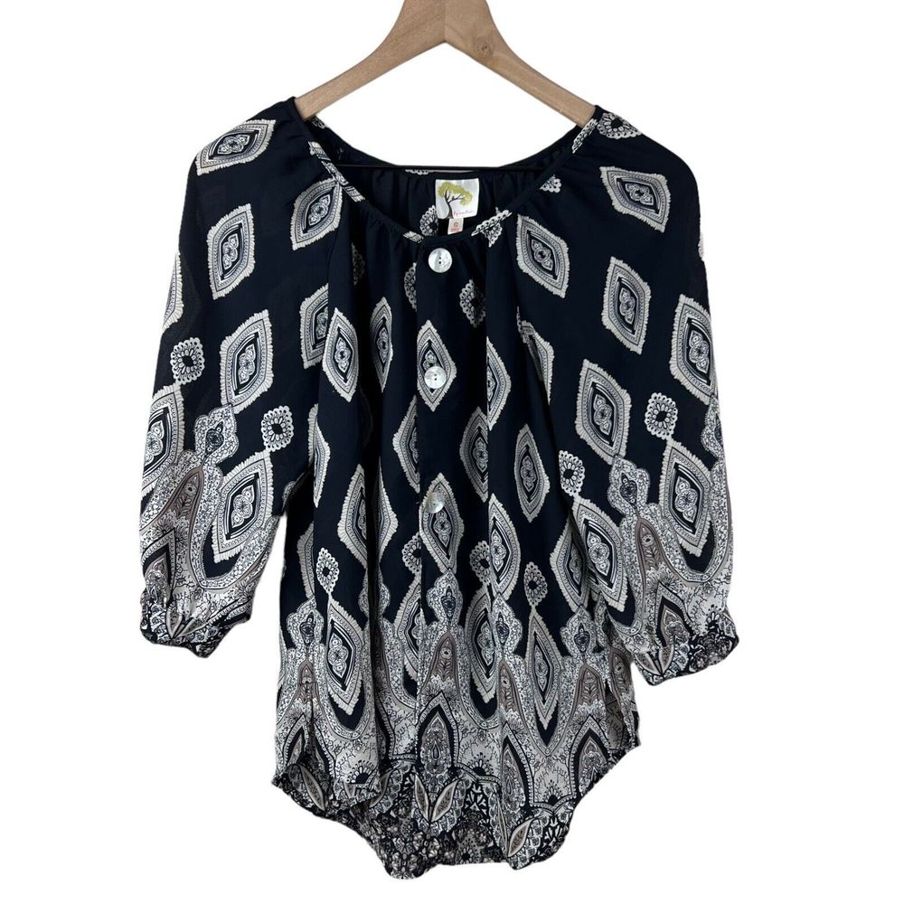 Fig & Flower Anthropologie Womens‎ Black Beige 3/4 Puff Sleeve Chiffon Blouse S